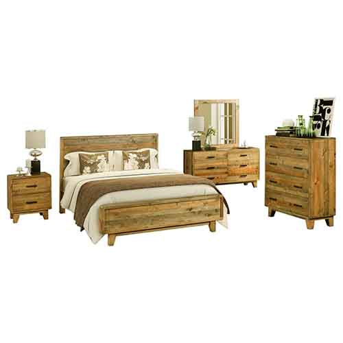 5 Pieces Bedroom Suite King Size in Solid Wood Antique Design Light Brown Bed, Bedside Table , Tallboy & Dresser