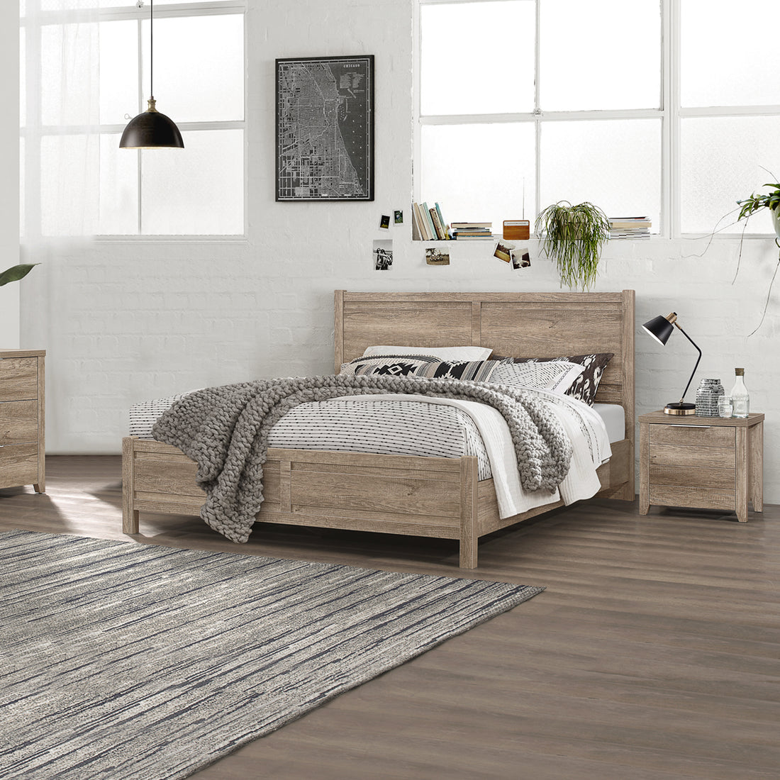 3 Pieces Bedroom Suite Natural Wood Look Bed, Bedside Table