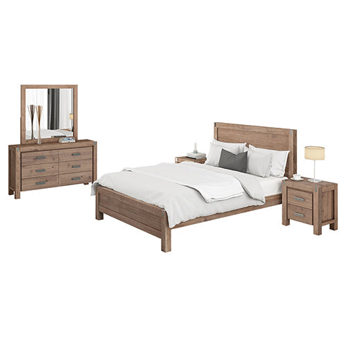 5 Pieces Bedroom Suite in Solid Wood Veneered Acacia Construction Timber Slat Double Size Chocolate Colour Bed, Bedside Table, Tallboy & Dresser