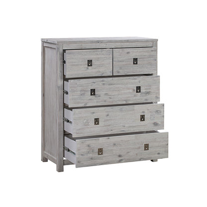 Tallboy with 5 Storage Drawers in Cloud White Ash Color with Solid Acacia Wooden Frame